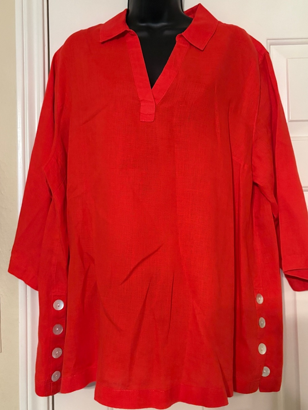 Tahari Red Linen Top with Label Detail